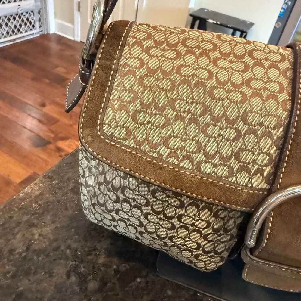 Brown Signature SoHo Flap Double Pocket  mini C Jacquard and Suede Bag